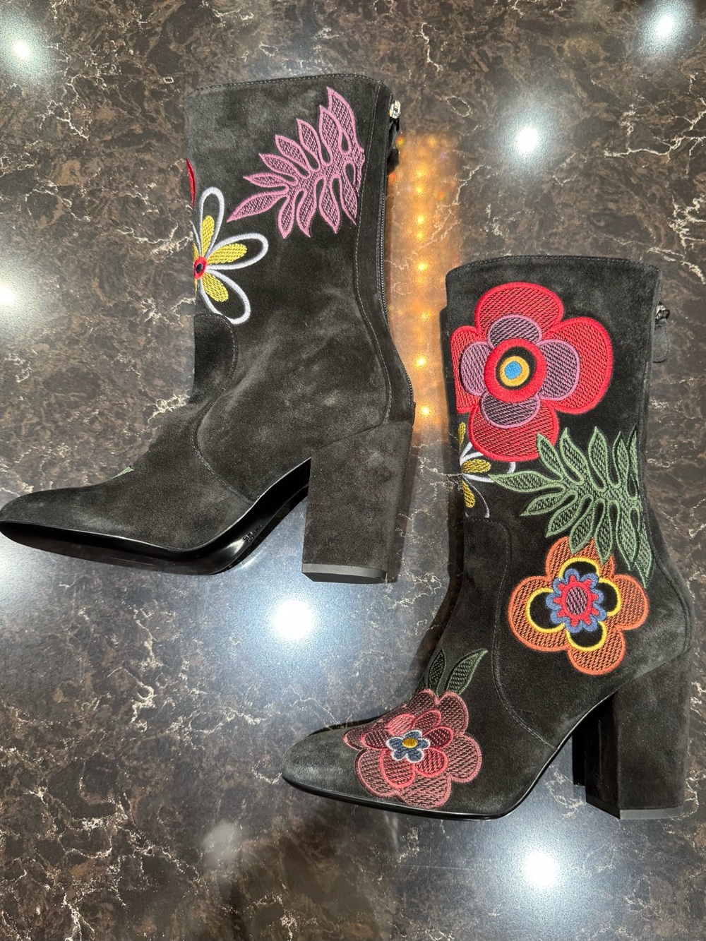 Laurence Dacade Black Suede Heeled Boots with Multicolor Floral Embroidery